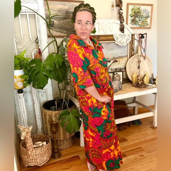 Vintage 1960’s 70’s Psychedelic Pool Deck Gown Zip Ip House Dress - Picture 5 of 9